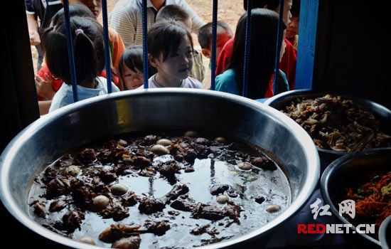 尚未开餐,小学生们已迫不及待吃免费午餐了。